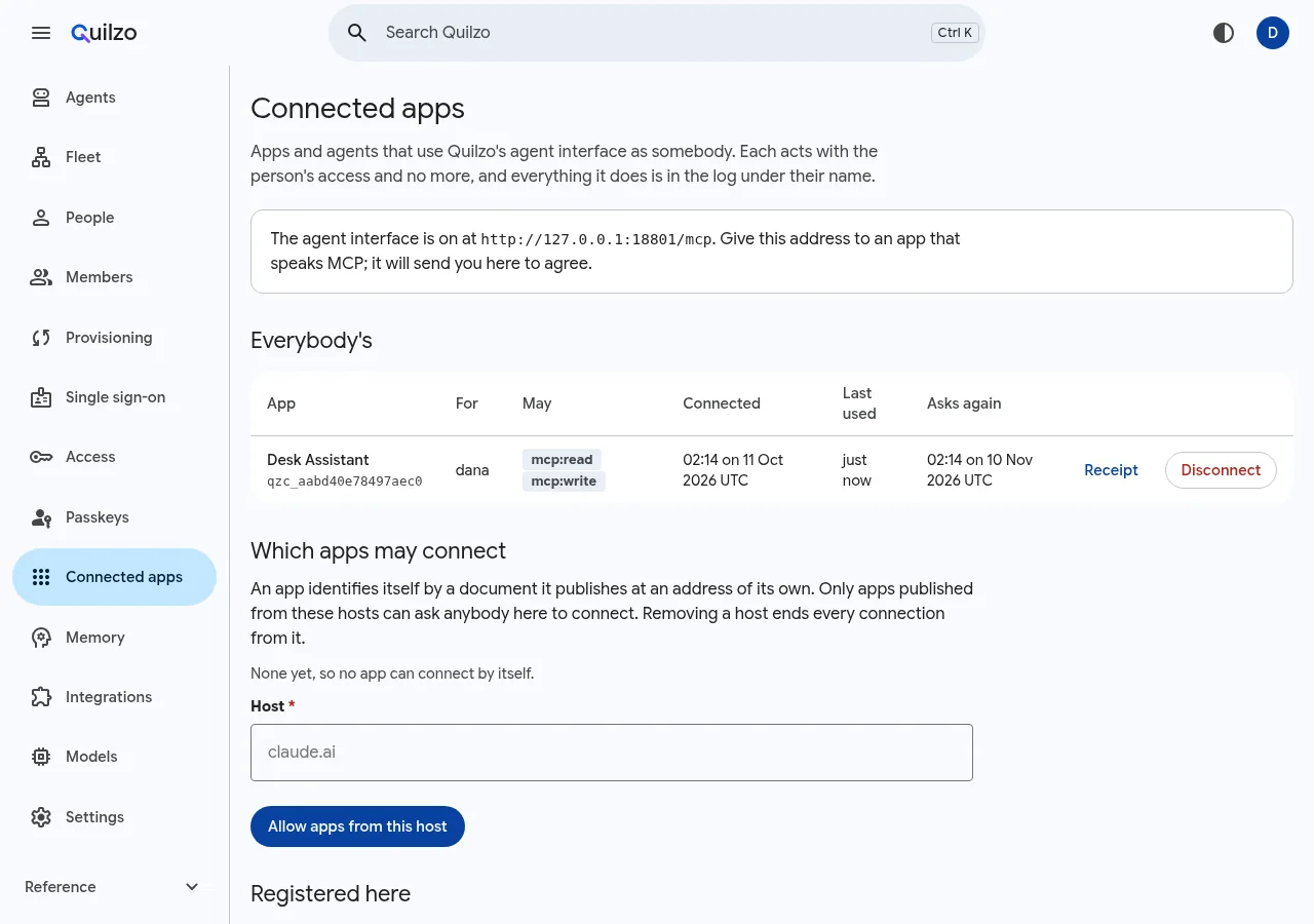 Connected apps: Desk Assistant for dana with mcp:read and mcp:write, with Receipt and Disconnect