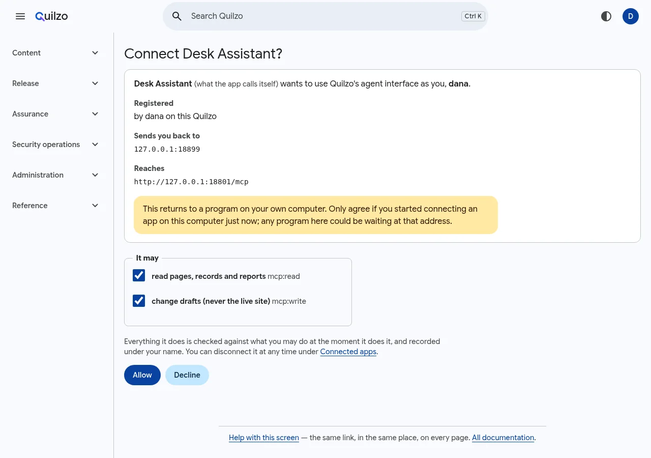 Connect Desk Assistant? The consent screen: the app wants to use the agent interface as dana, may read pages and change drafts, with Allow and Decline