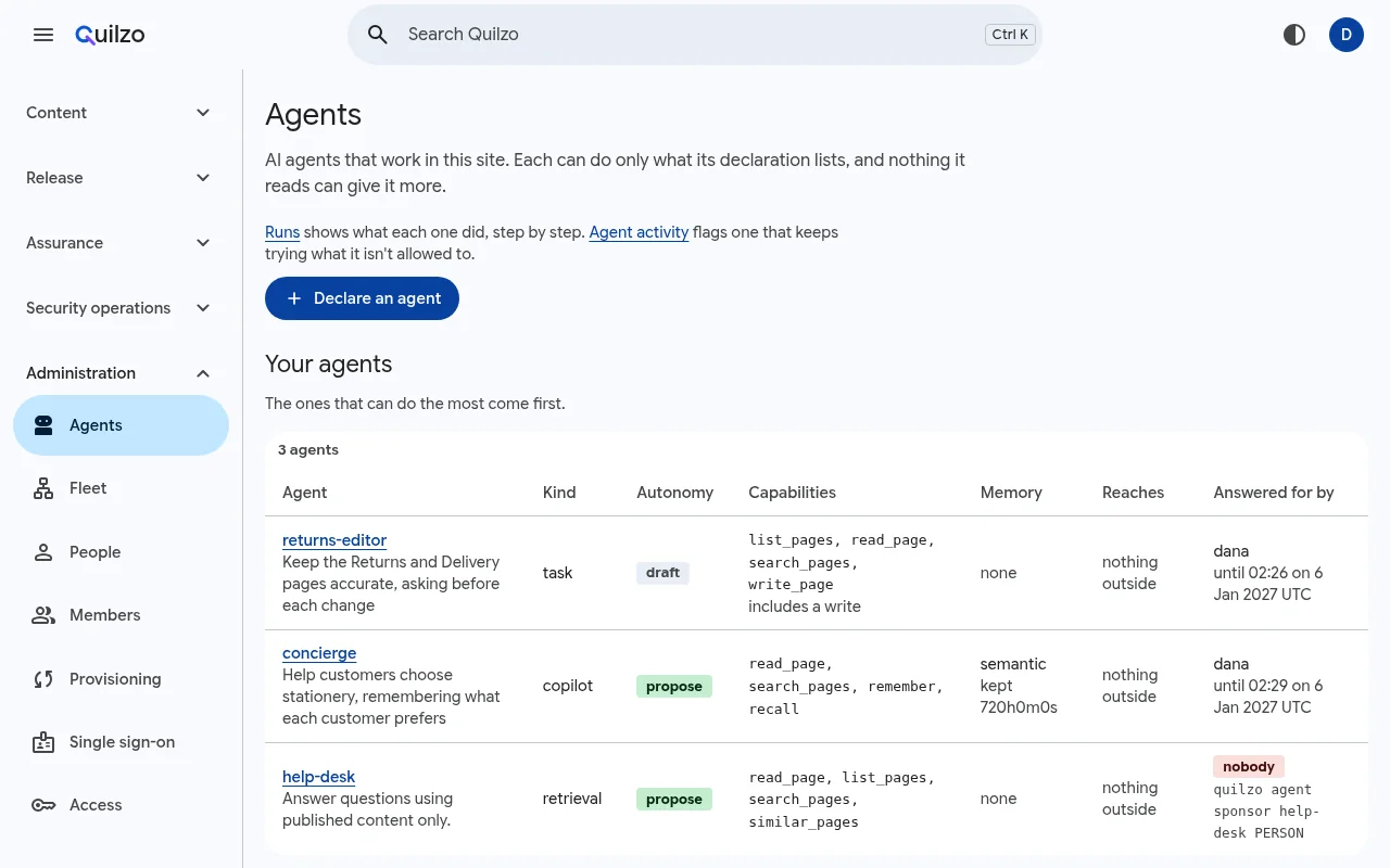 The Agents screen listing two agents, help-desk and returns-editor, with their kind, autonomy and capabilities