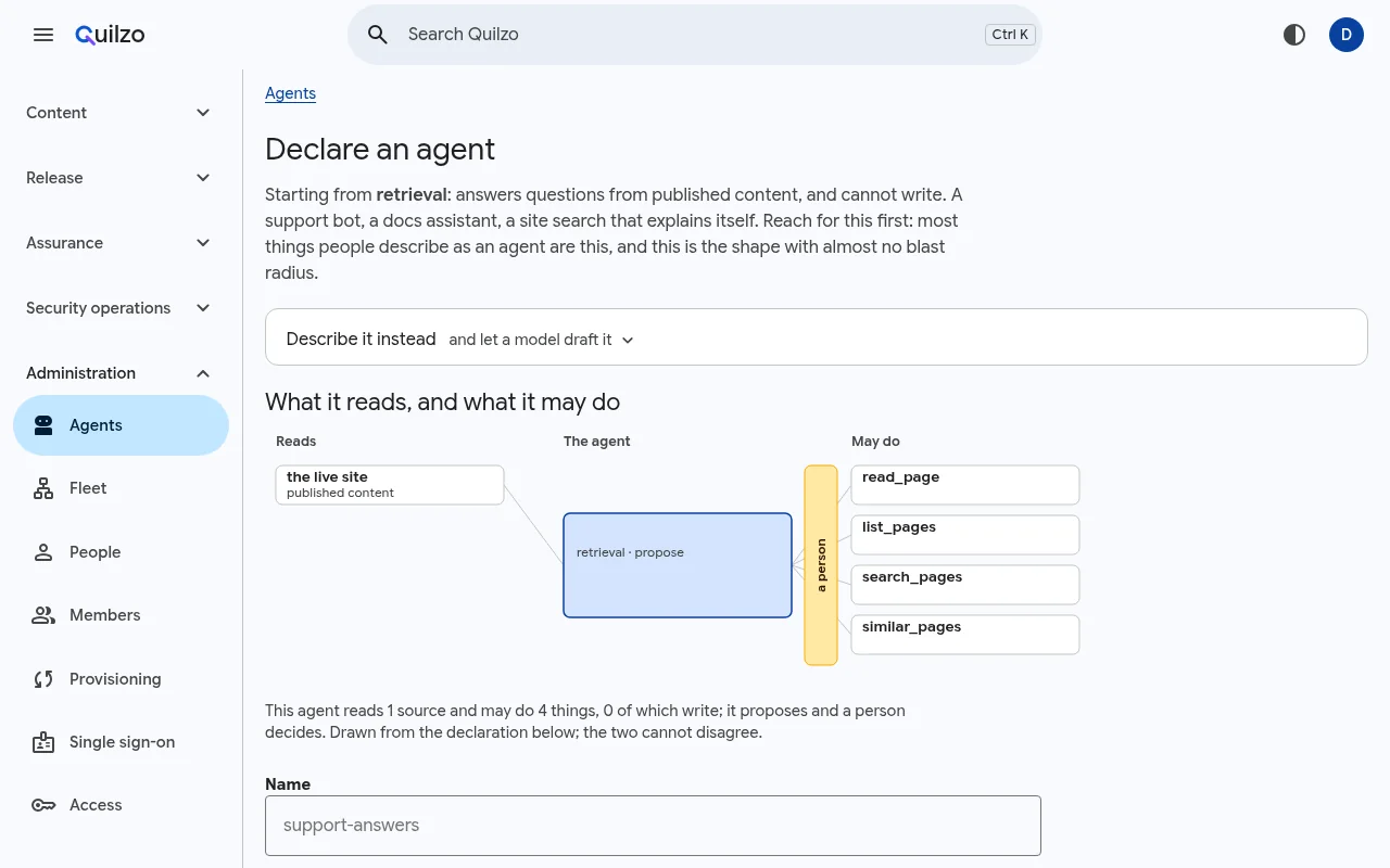 The Declare an agent form, starting from the retrieval template, with the folded Describe it instead section above it