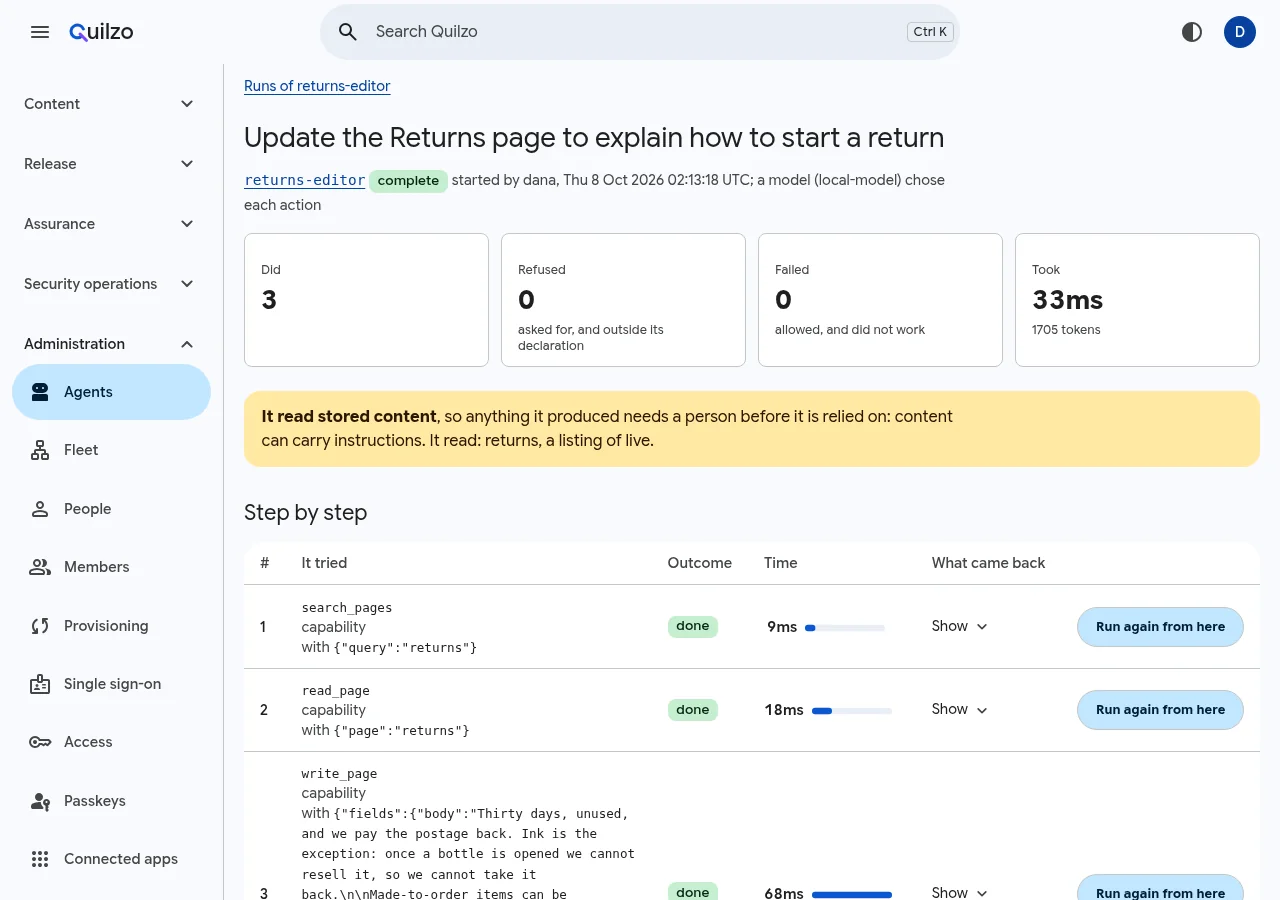 A completed run: did 3, refused 0, failed 0, a warning that it read stored content, and the steps search_pages, read_page and write_page