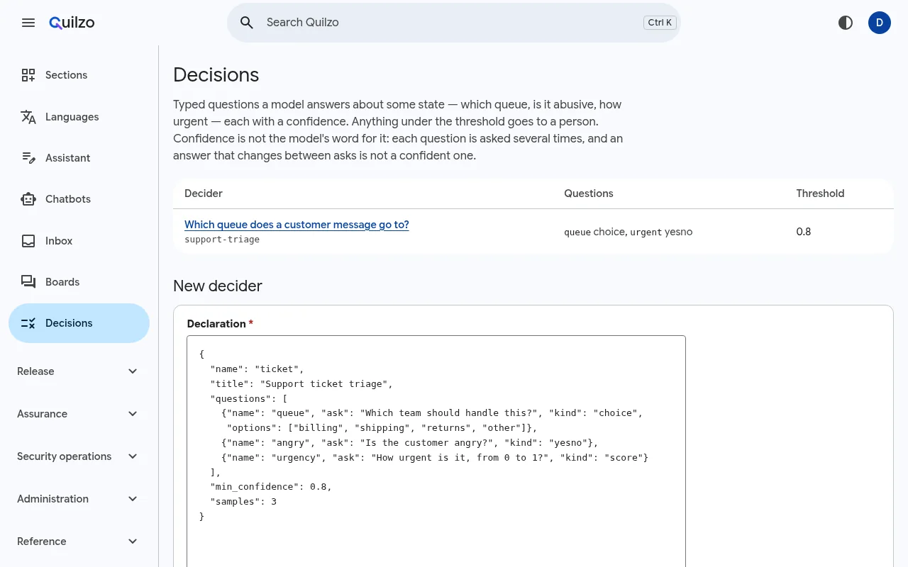 The Decisions screen listing the support-triage decider with its two questions and a threshold of 0.8