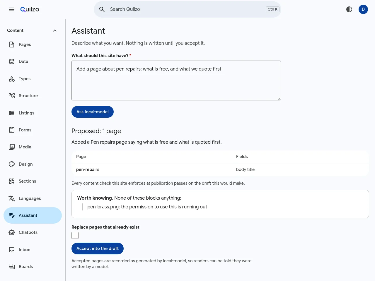 The Assistant screen: a request for a pen repairs page, the proposed page, the checks that would apply, and Accept into the draft