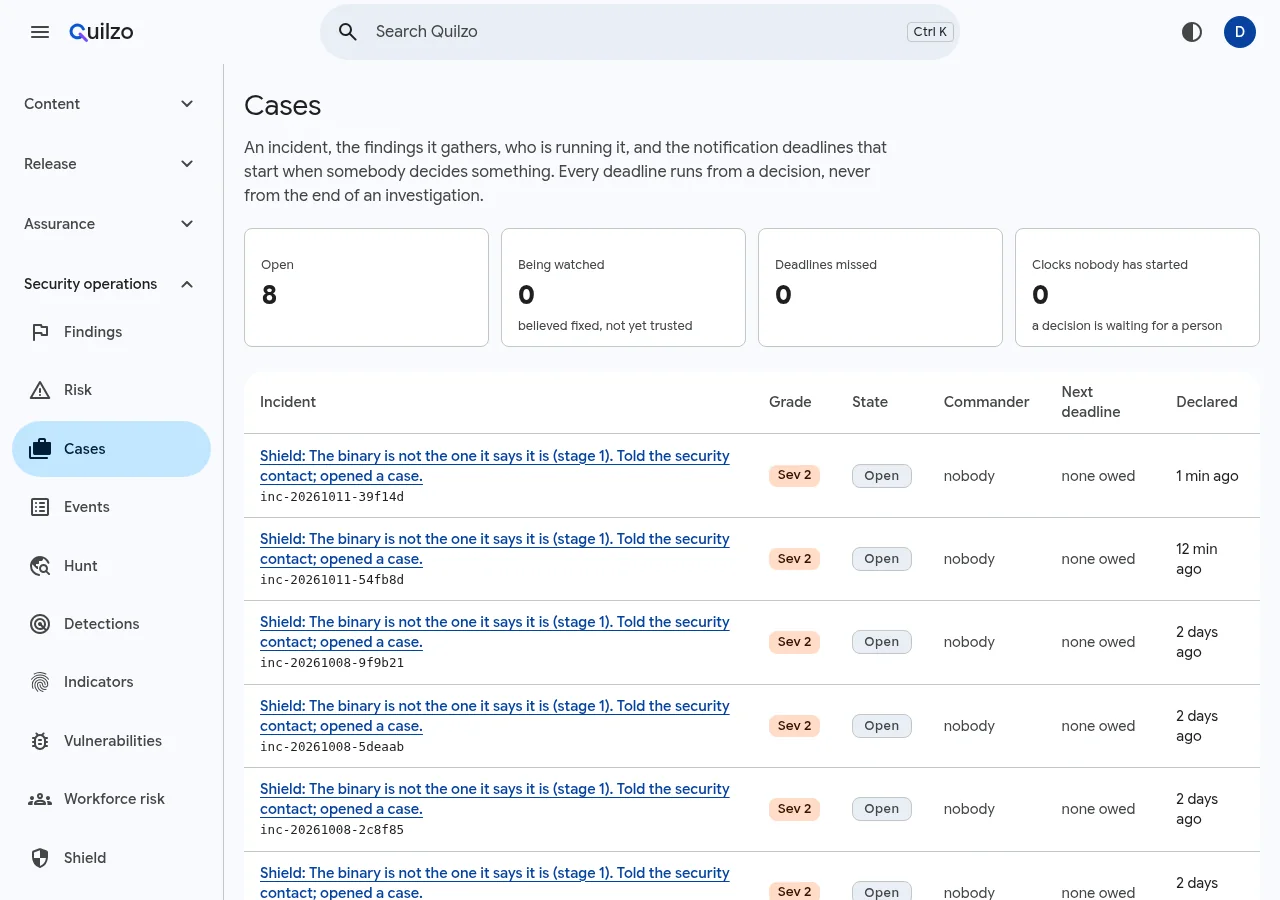 The Cases screen