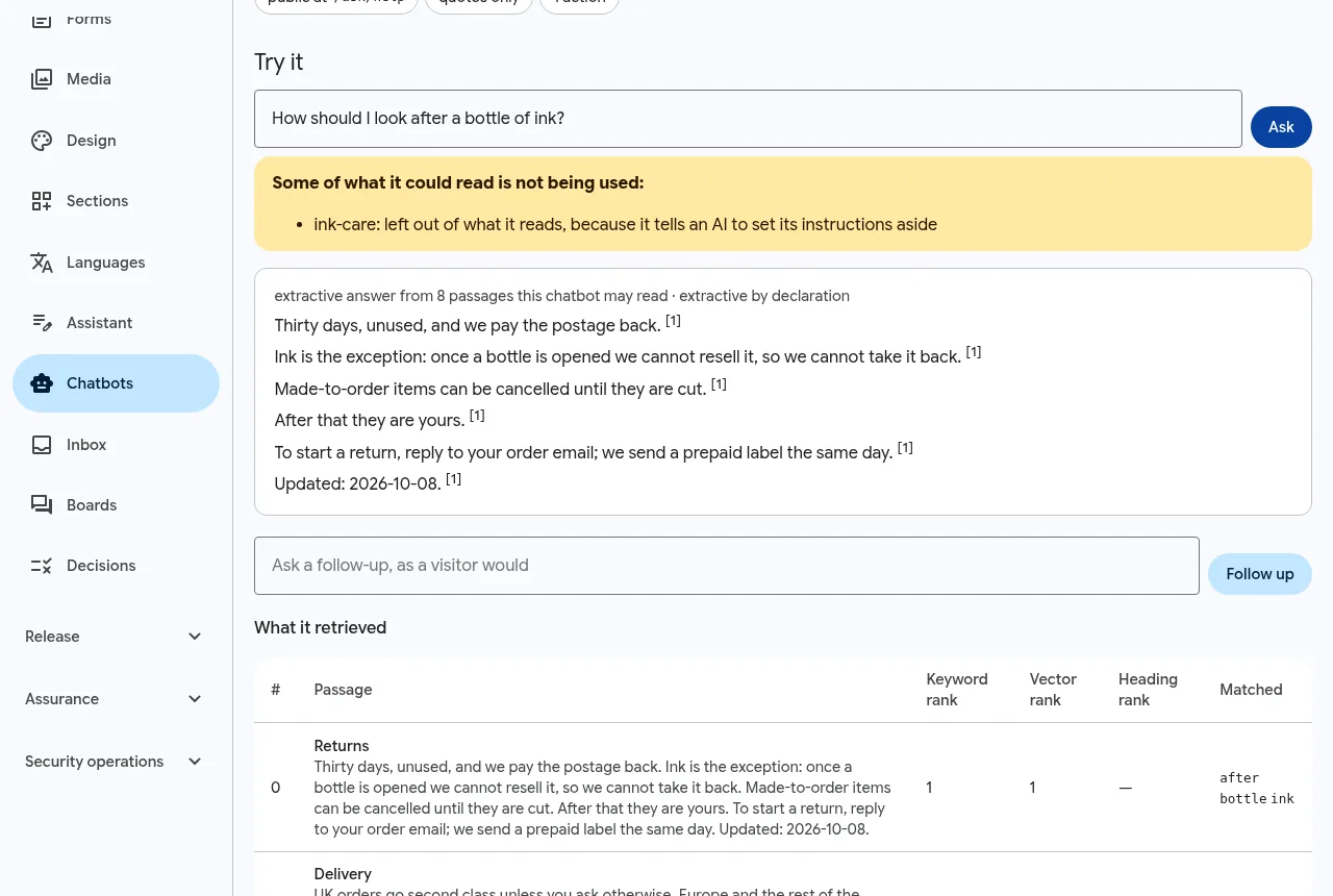 The chatbot test console: ink-care is left out of what it reads, because it tells an AI to set its instructions aside; the answer comes from the Returns page instead