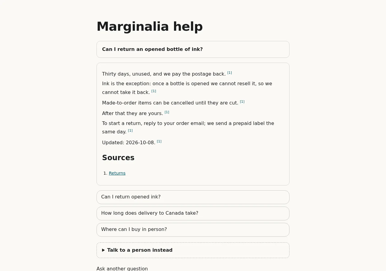 The public chatbot page answering whether opened ink can be returned, each sentence with a citation to the Returns page