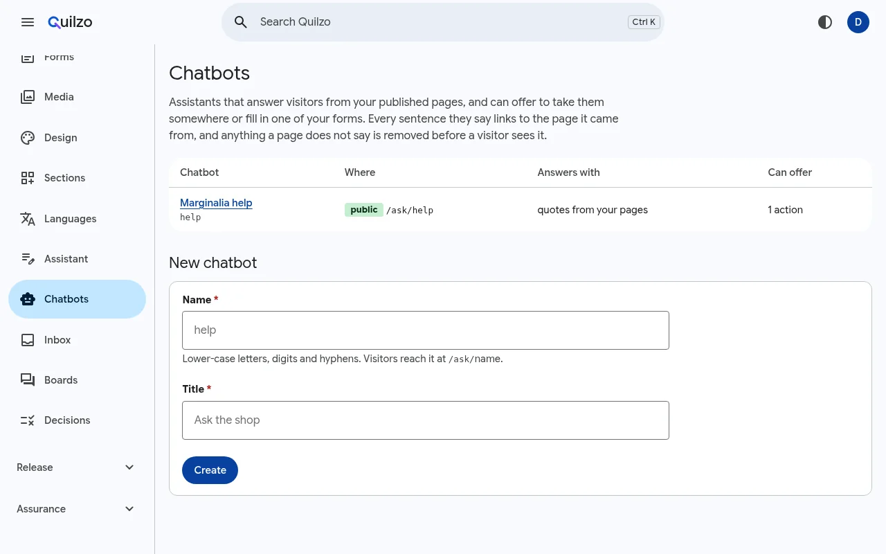 The Chatbots screen listing the Marginalia help chatbot and a form to create a new one