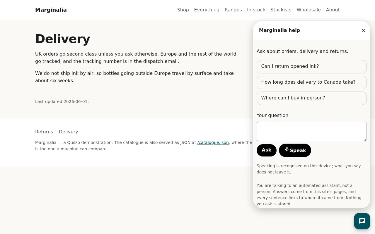 The Delivery page of the demo shop with the chatbot panel open beside it, offering three suggested questions