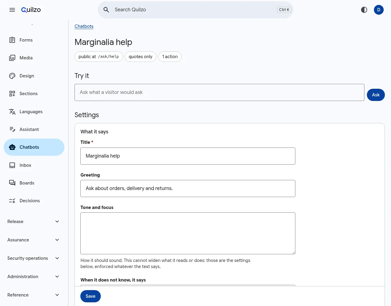 The settings of the Marginalia help chatbot: title, greeting, what it reads, and whether it is public