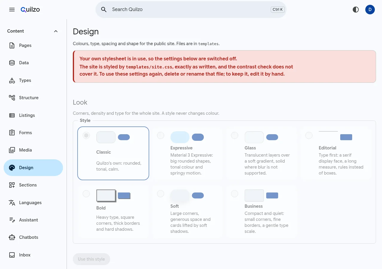 The Design screen with the theme's colours and styles
