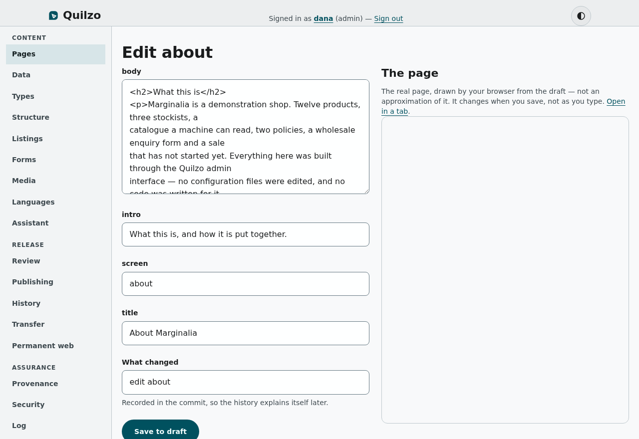 The editor for a page with a type — the declared fields, in the order the type declares them, with the author's own labels.