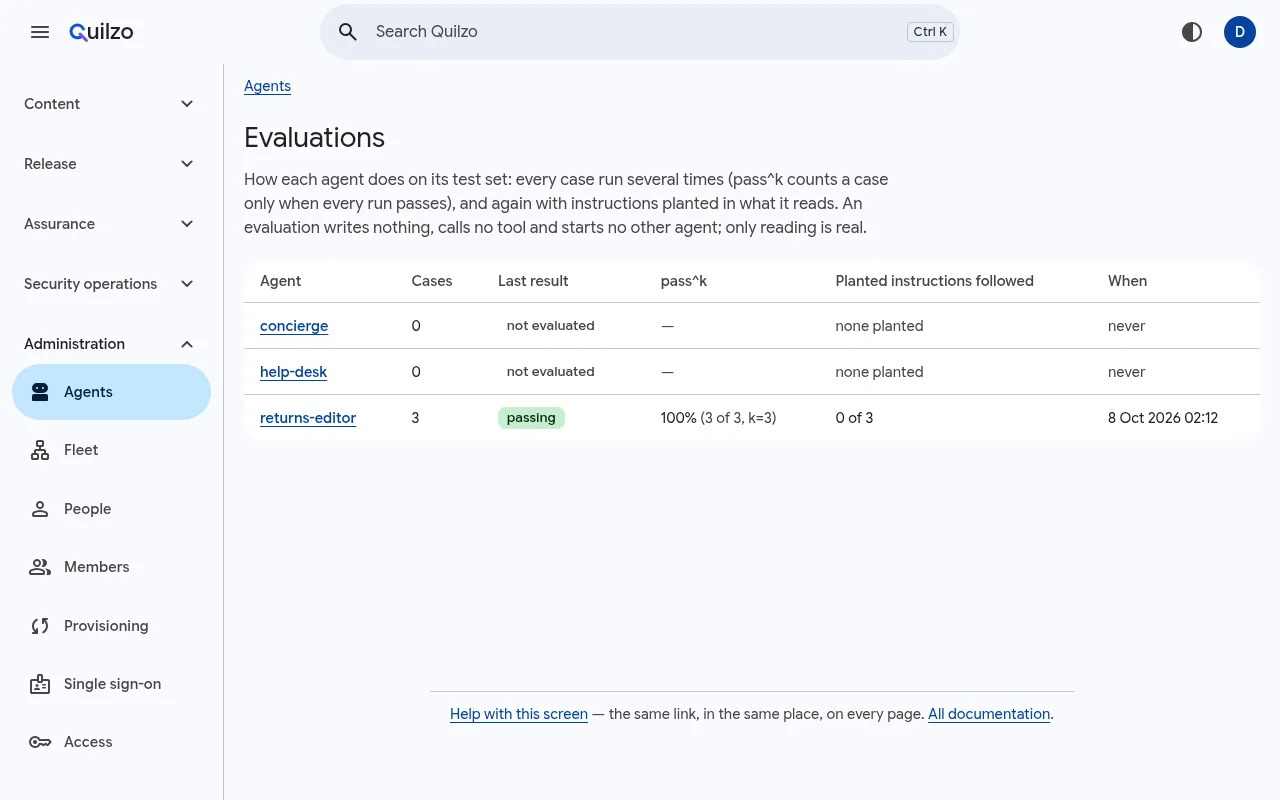 The Evaluations screen listing agents and their last evaluation