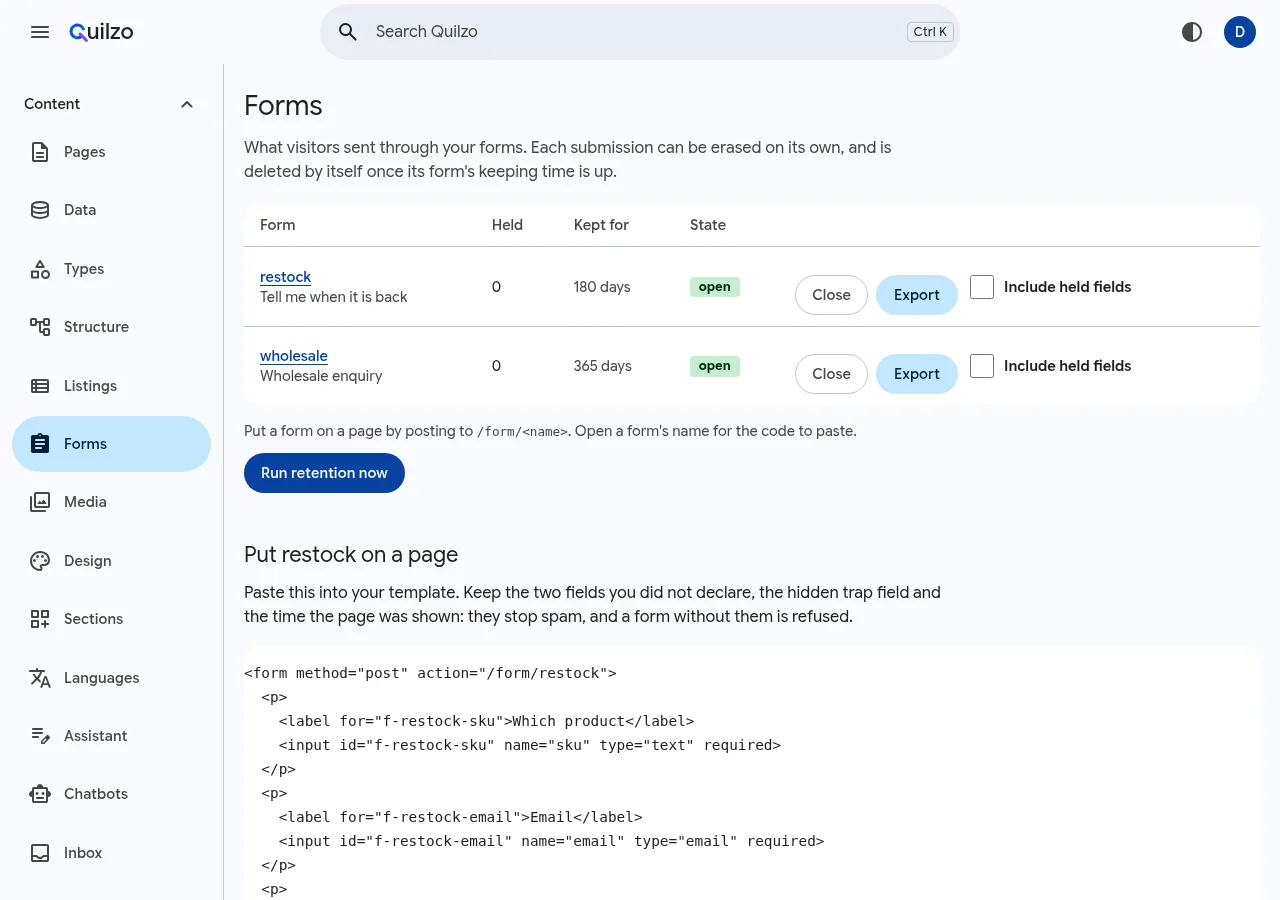 The Forms screen listing the restock and wholesale forms with their retention
