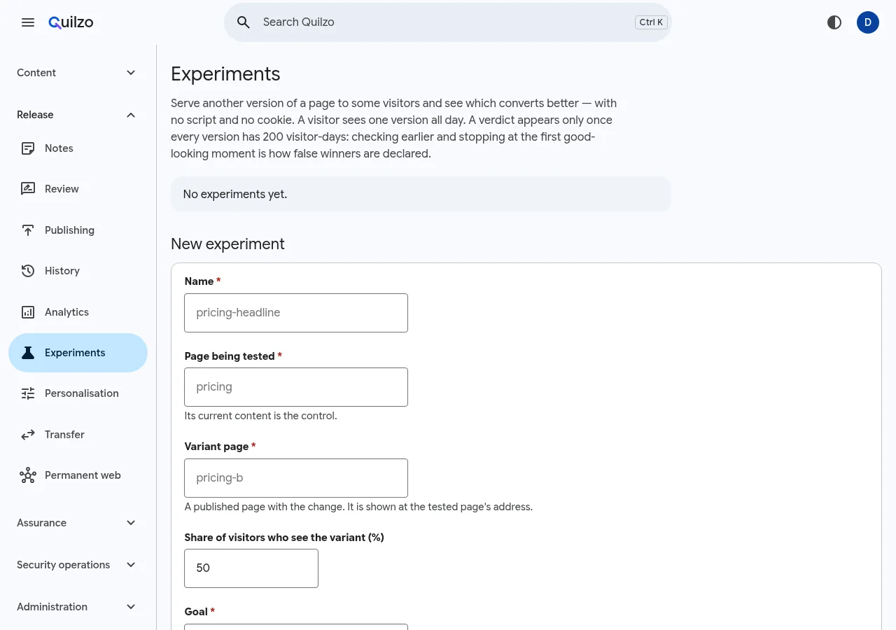 The Experiments screen
