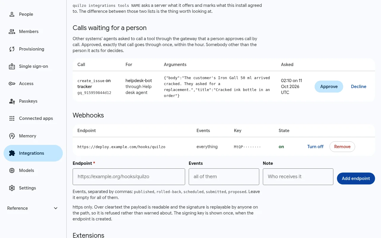 Calls waiting for a person: create_issue on tracker for helpdesk-bot through the help desk agent, with its arguments, and Approve or Decline