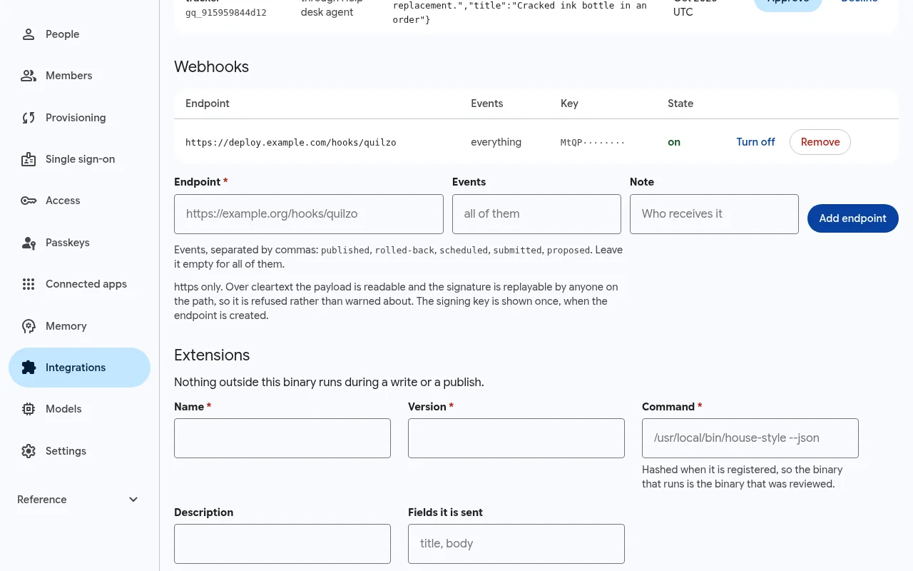 The Webhooks section: one endpoint receiving every event, its key partly shown, with Turn off and Remove