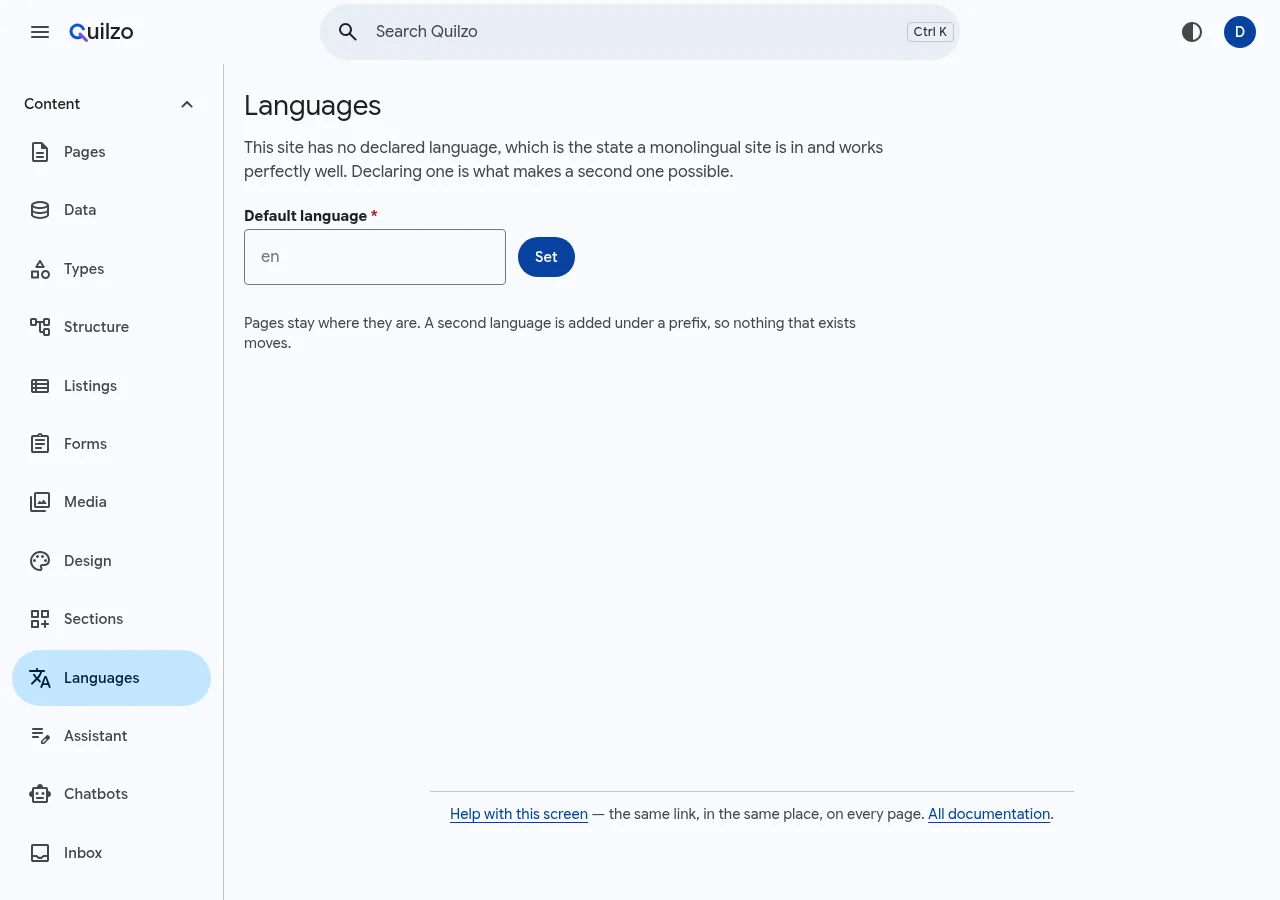 The Languages screen