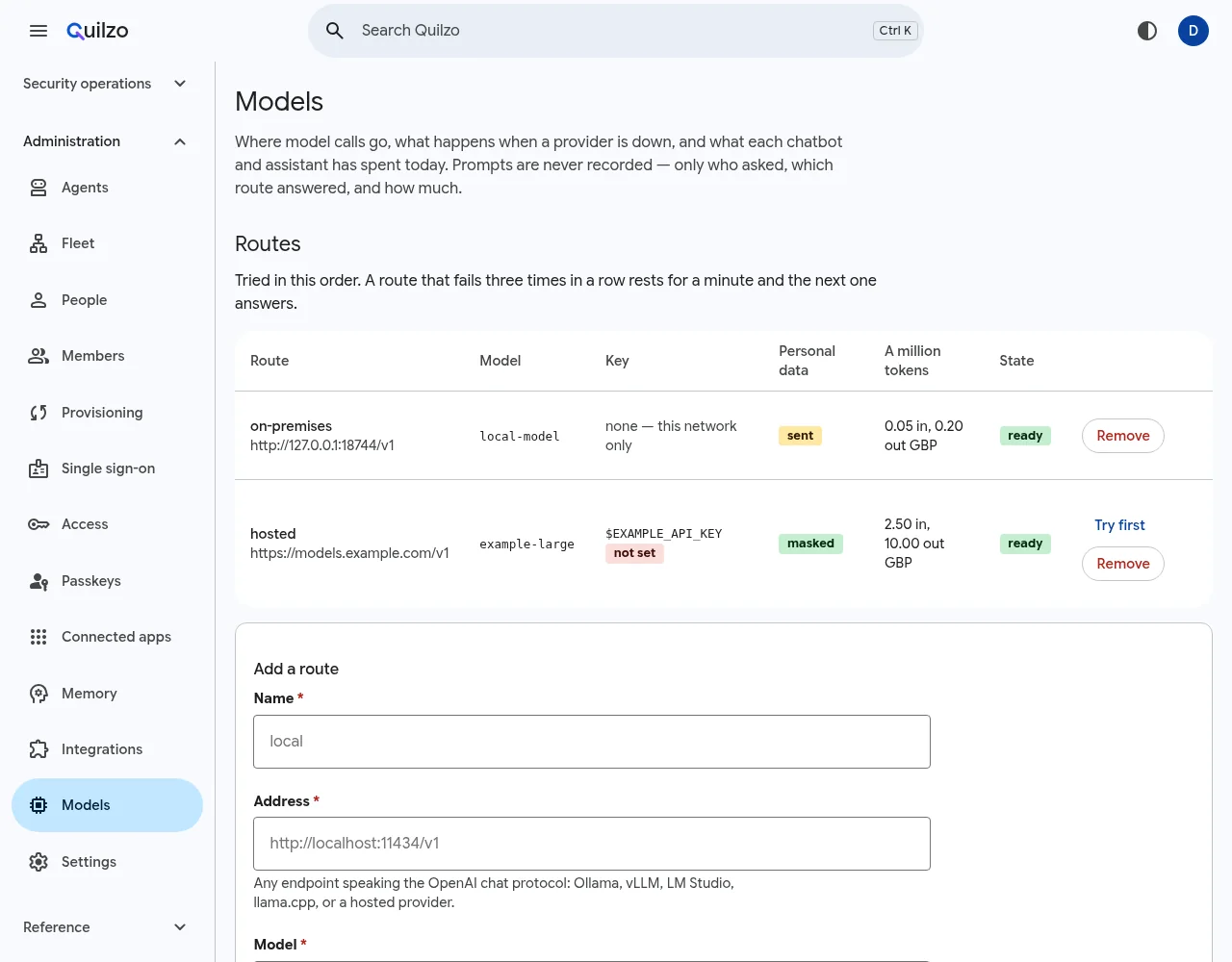 The Models screen with two routes: on-premises, which may receive personal data, and hosted, where personal data is masked and the key is not set