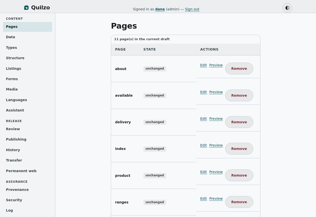 Pages: everything in the draft, and which of it differs from what is live.