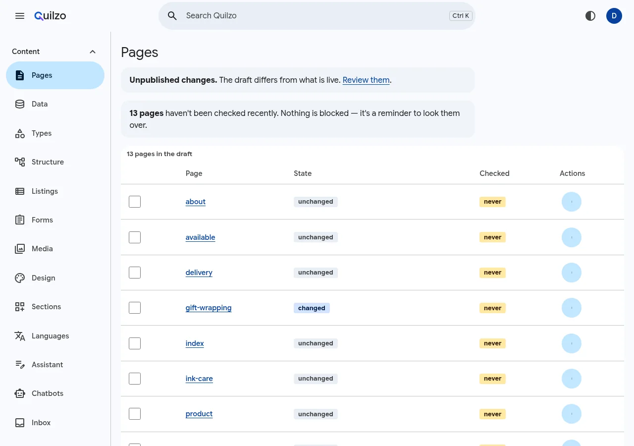 The Pages screen listing every page in the draft and whether it differs from live