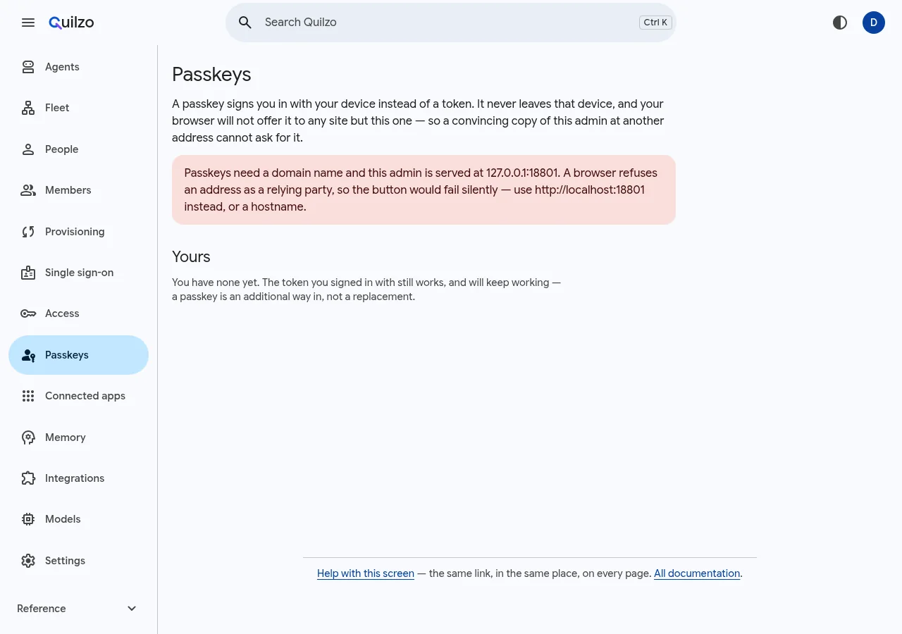 The Passkeys screen