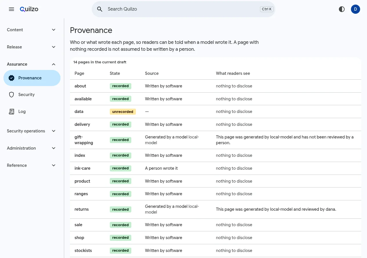 The Provenance screen