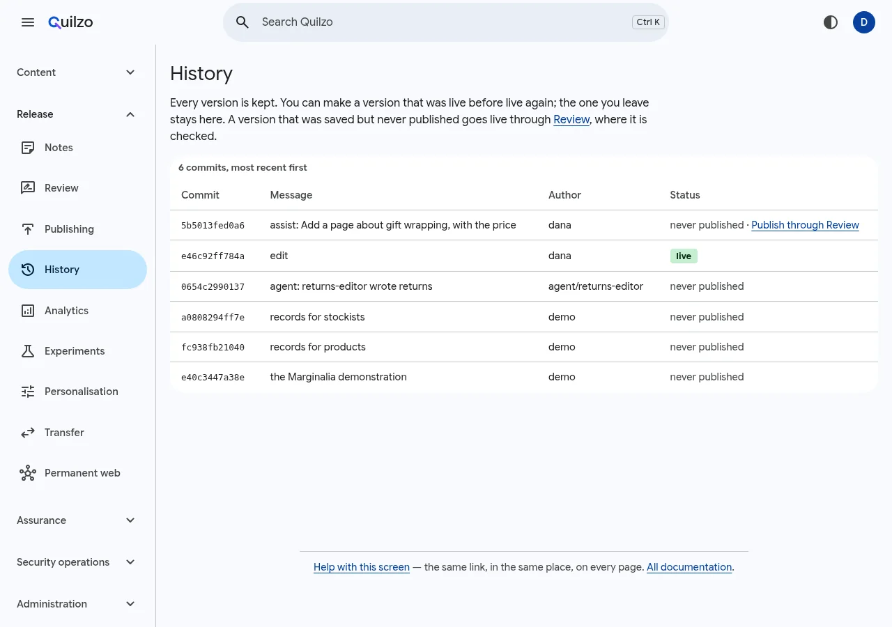 The History screen, each version with its Status: live, was live with Make live beside it, or never published