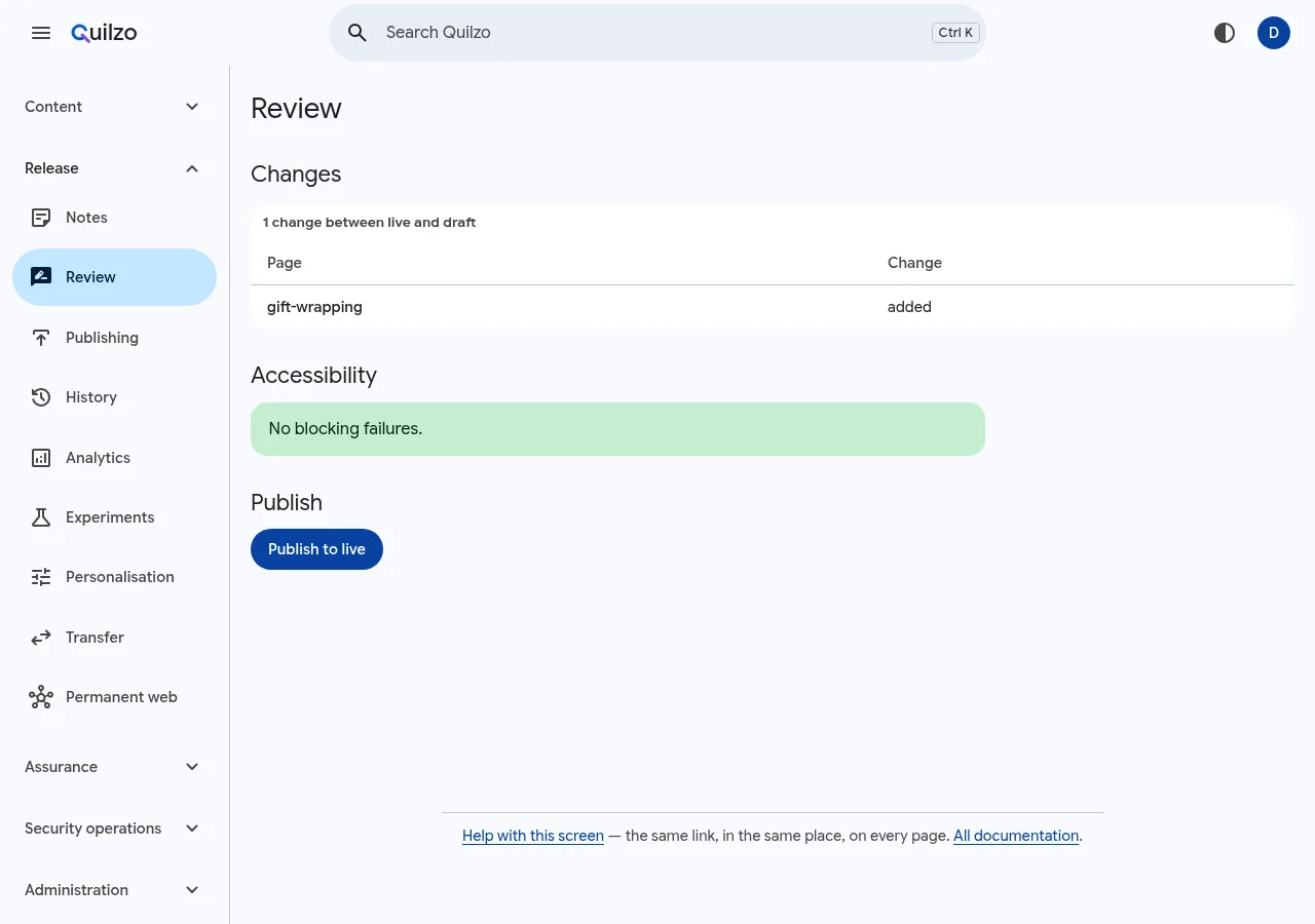 The Review screen showing what differs from live and the accessibility checks