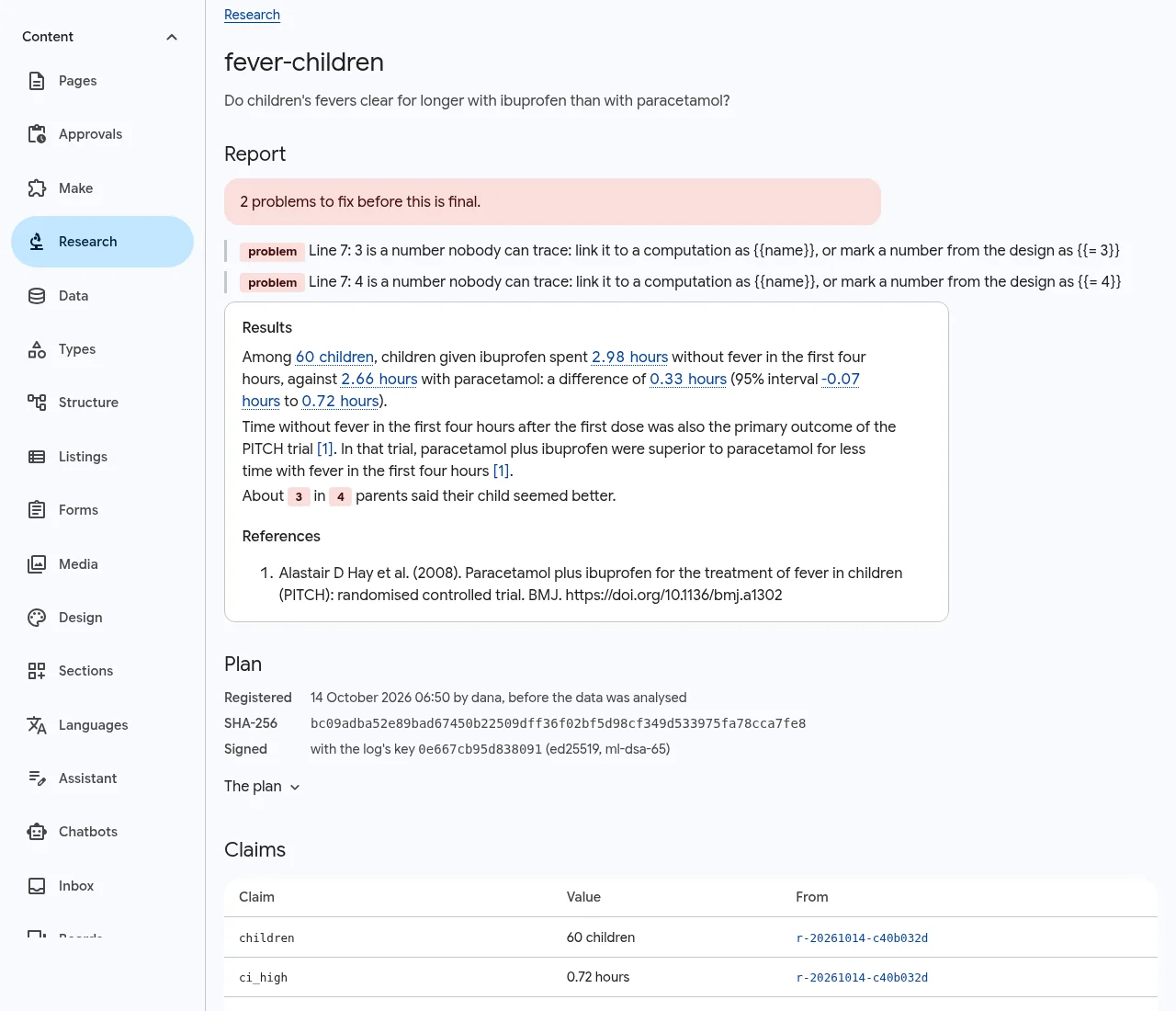 A research project's page: two problems flagged in the report, the rendered report with each number linked to its computation and a numbered citation, and the reference list
