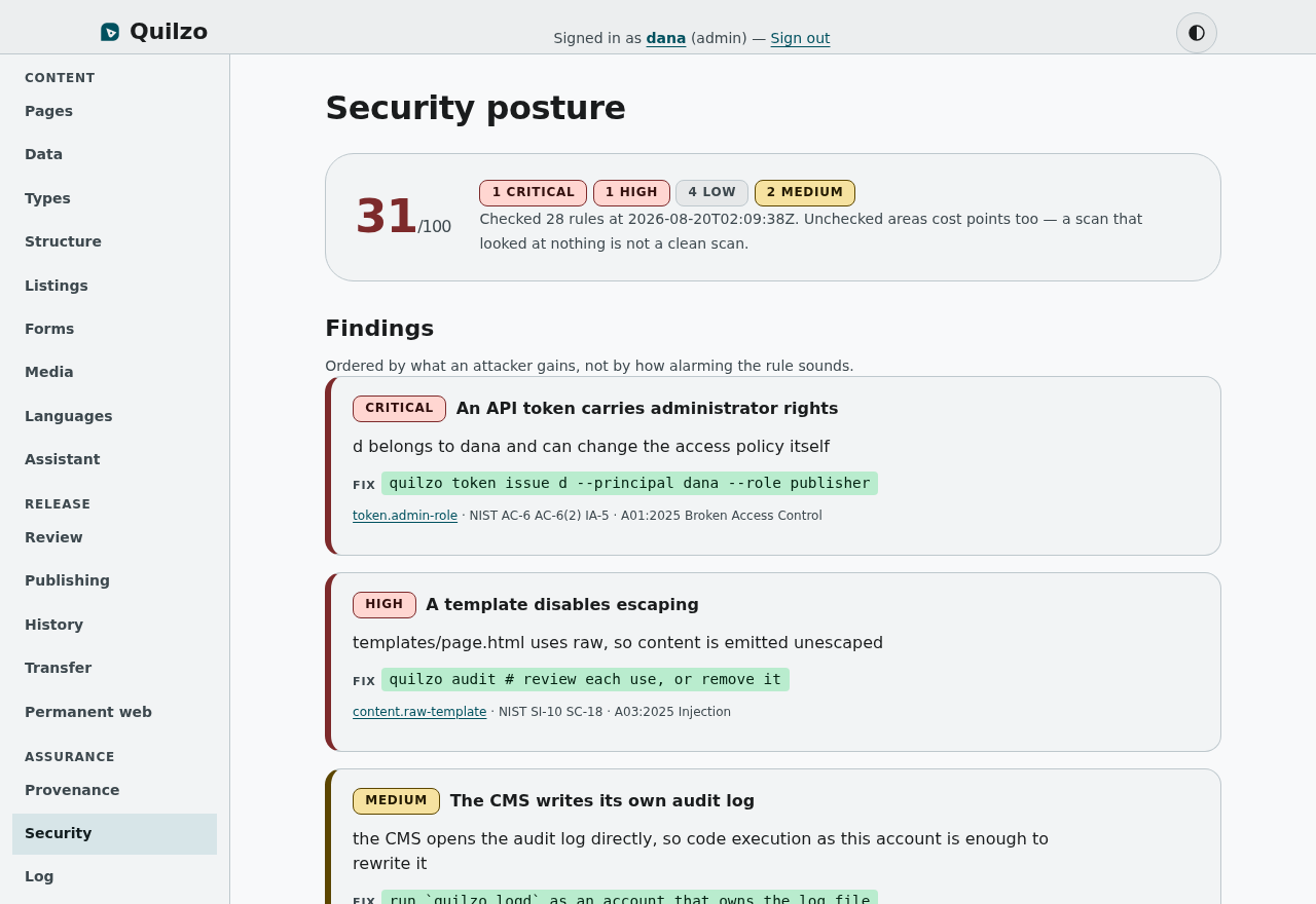 The security posture scan, which reads this deployment rather than a checklist.