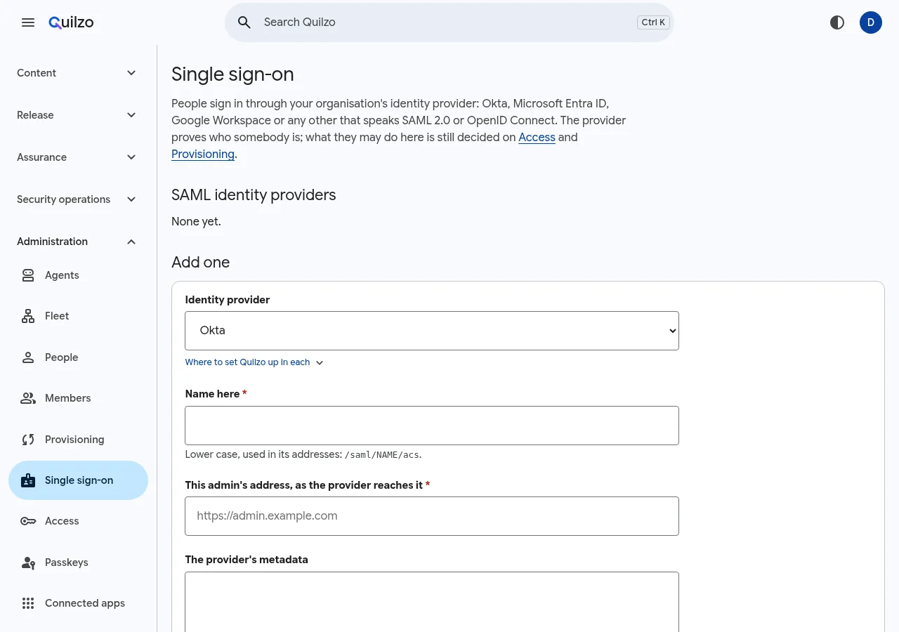 The Single sign-on screen