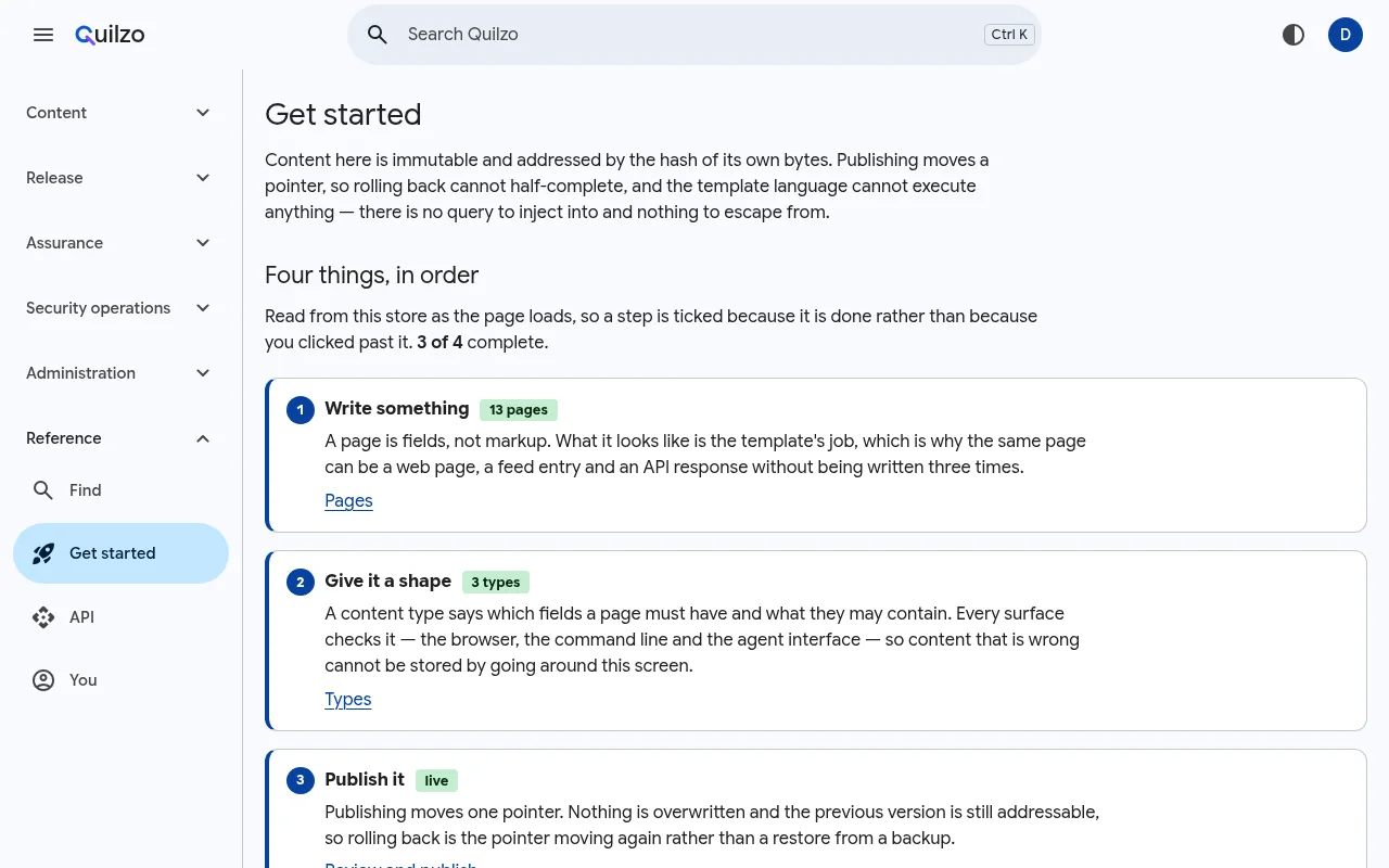 The Get started screen with a numbered checklist: write something, give it a shape, publish it
