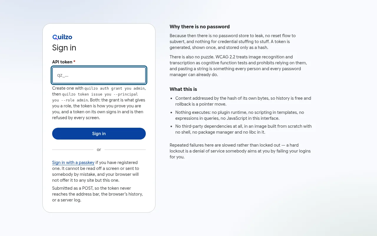 The Quilzo admin sign-in screen, asking for a token