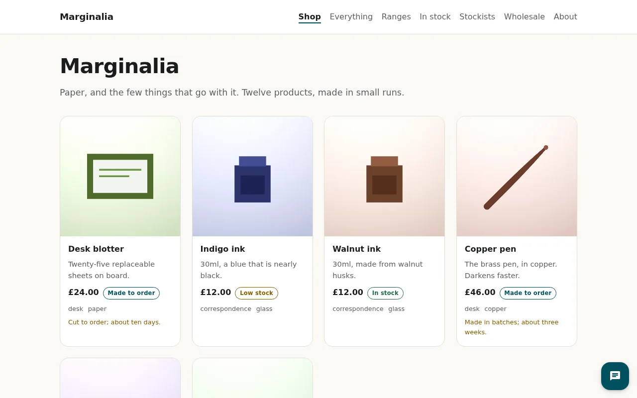 The Marginalia demo shop's home page as the public site serves it