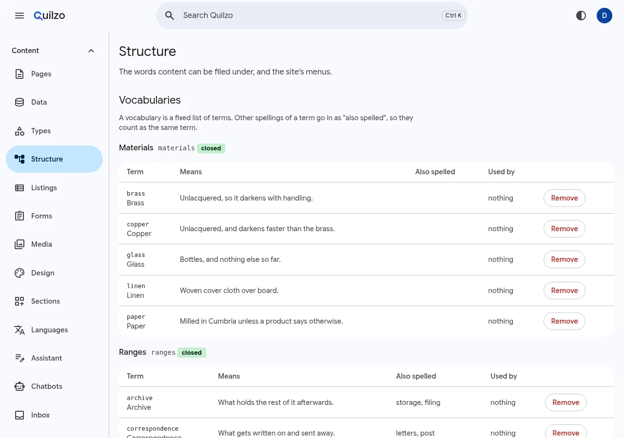 The Structure screen with menus and vocabularies