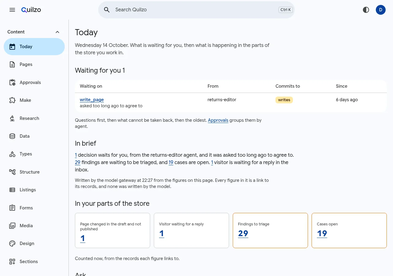The Today screen: one item waiting, a brief of three sentences whose figures are links, and four counts