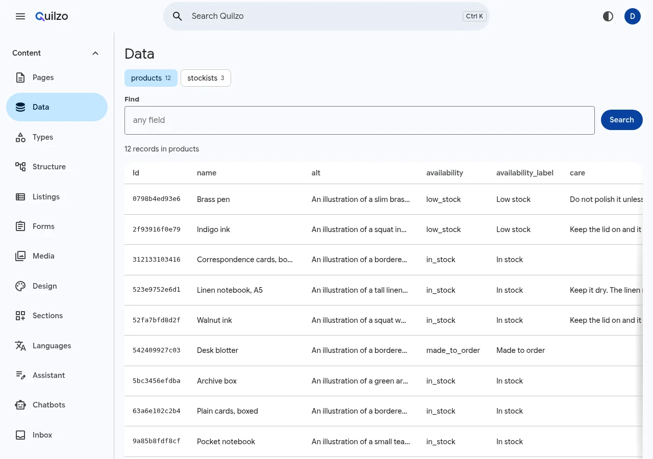 The Data screen listing the products collection