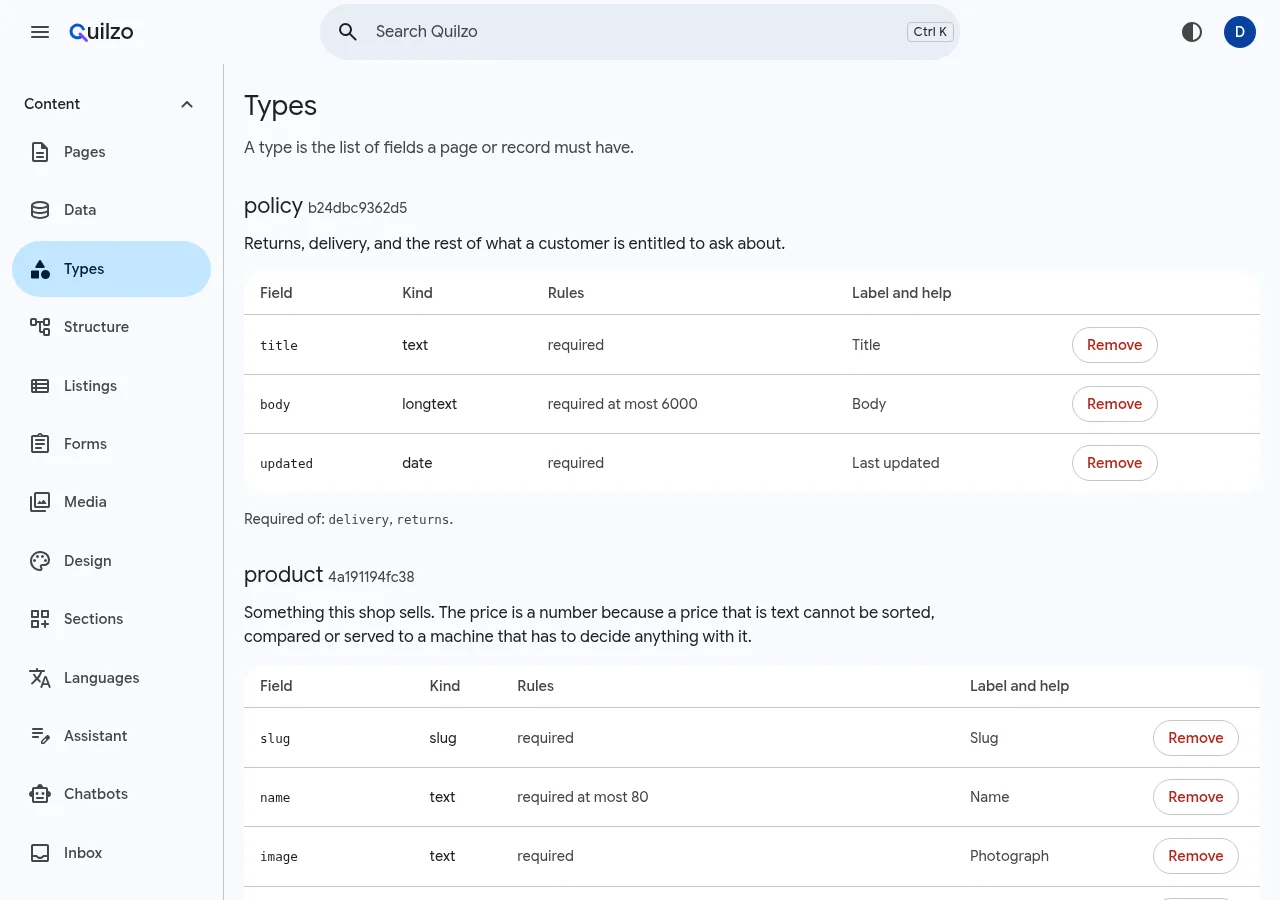 The Types screen with the demo shop's product type and the pages bound to it